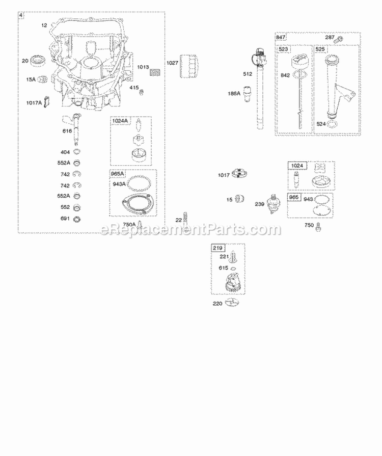 Engine Sump Oil Pump DipstickTube Assembly Diagram and Parts List for 44M777-0289-B1  Briggs and Stratton Engine